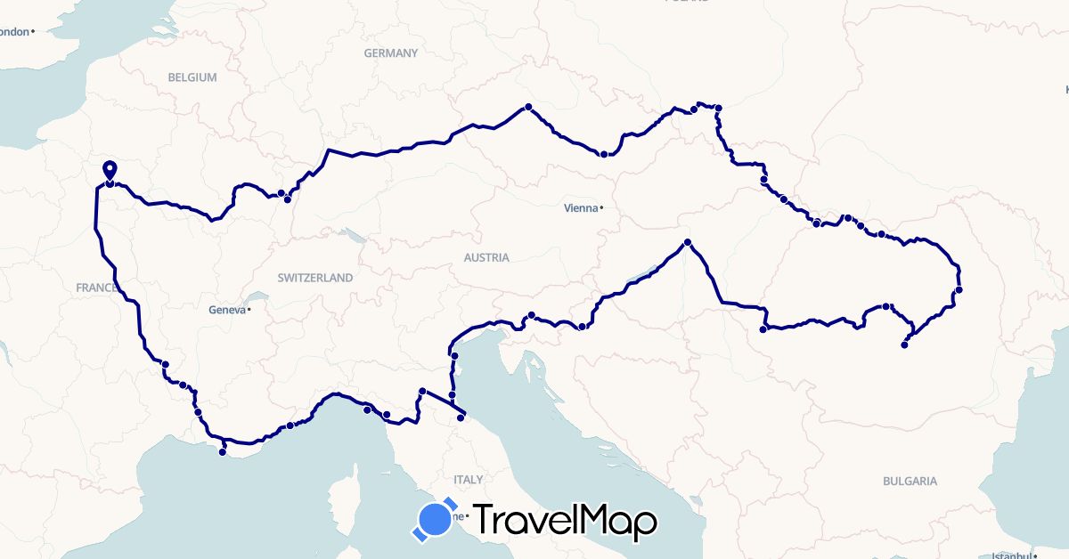 TravelMap itinerary: driving in Czech Republic, France, Croatia, Hungary, Italy, Poland, Romania, Slovenia, Slovakia, San Marino (Europe)